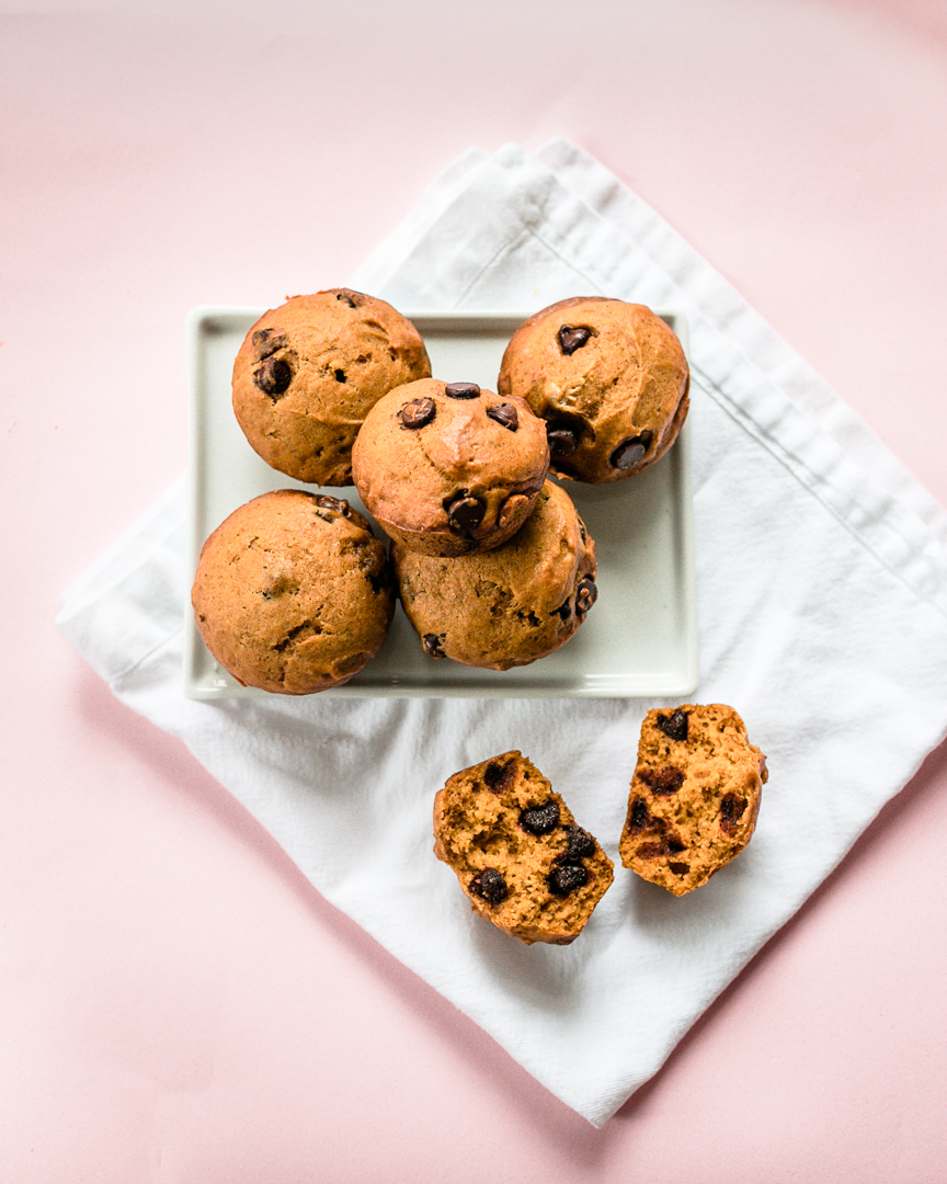 chocolate chip pumpkin muffins food photography