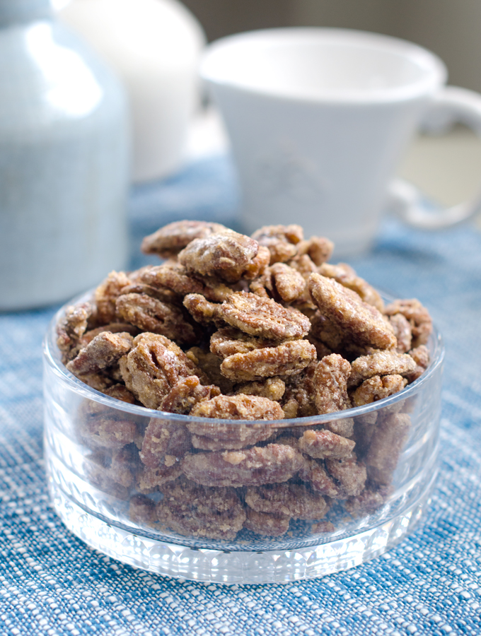 Cinnamon Sugar Candied Pecans. An easy make ahead appetizer for a party or dessert bite.