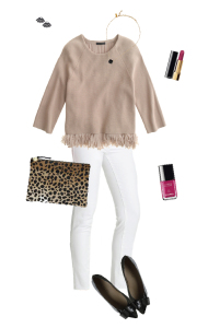 A change of seasons is in the air! This outfit will transition you from Winter to Spring. It features a chiffon fringe top, white skinny jeans and beauty products from Chanel's new Spring 2015 collection. | www.chicandsugar.com