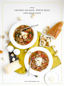 Easy weeknight dinner recipe! Healthy Chicken Sausage, White Bean and Kale Soup. You can use fully cooked chicken sausage to reduce cooking time. | www.chicandsugar.com