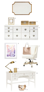 Clean and chic gold and white furniture and decor for my home office.| www.chicandsugar.com